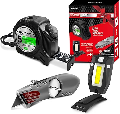 HAUTMEC Kit de herramientas profesional  Juego de herramientas de 3 piezas con cinta métrica, linterna frontal y cuchillo utilitario  Duradero,