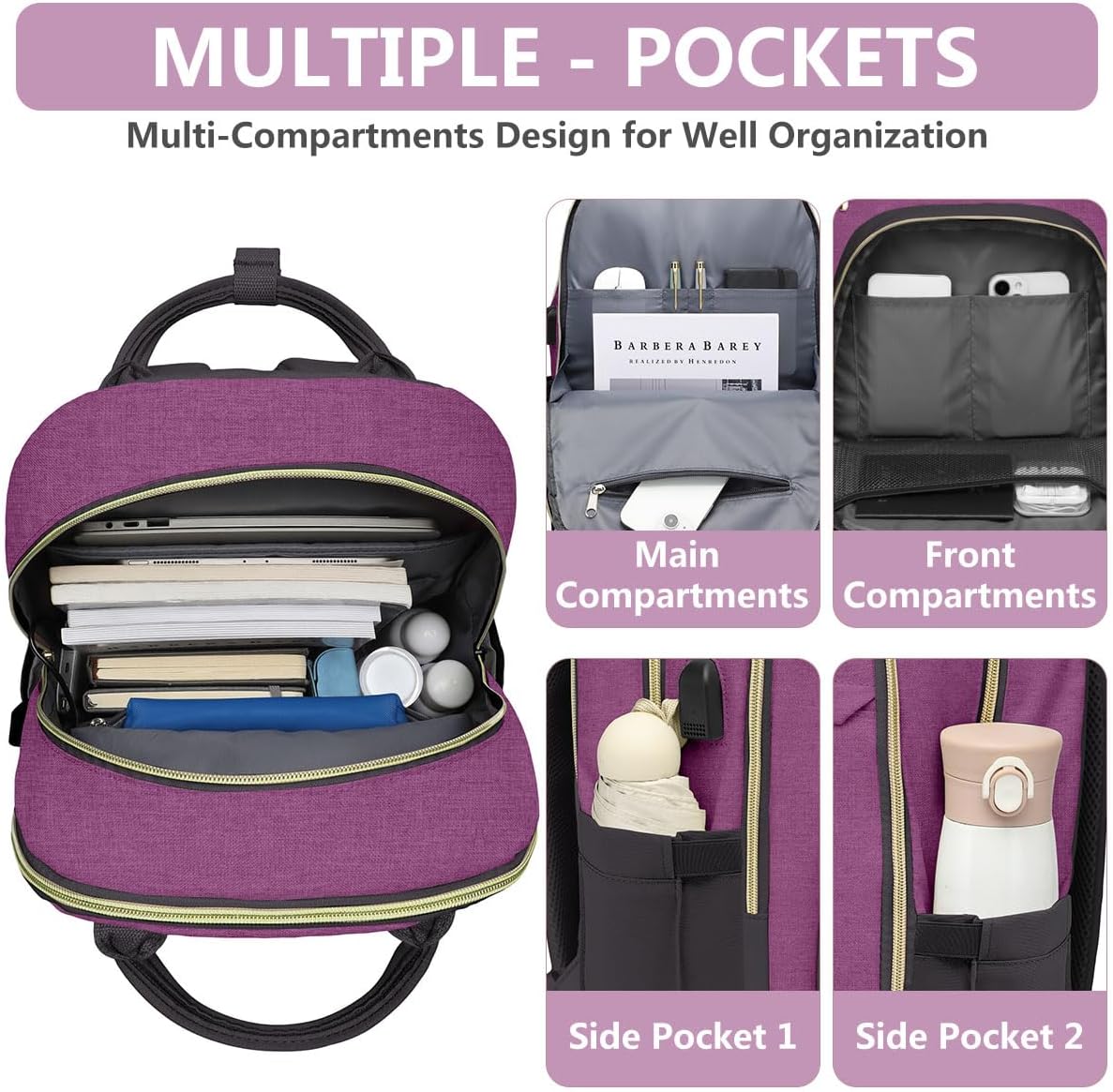 Laptop Backpack for Women Work Bag - 15.6 inch Travel Backpack with USB Charger Business Computer Backpacks for Work College Back pack for Teacher Casual Waterproof Bookbag for Nurses Purple - Image 3