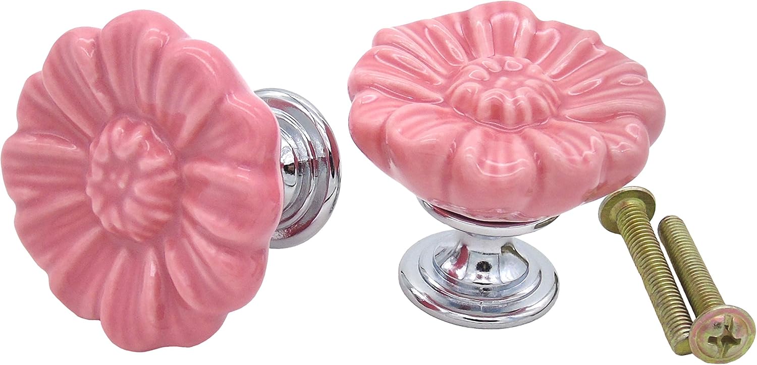 6PCS Vintage Floral Daisy Ceramic Dresser Drawer Knobs Elegant Cabinet Cupboard Door Hardware Pull Handles w/Screws Pink