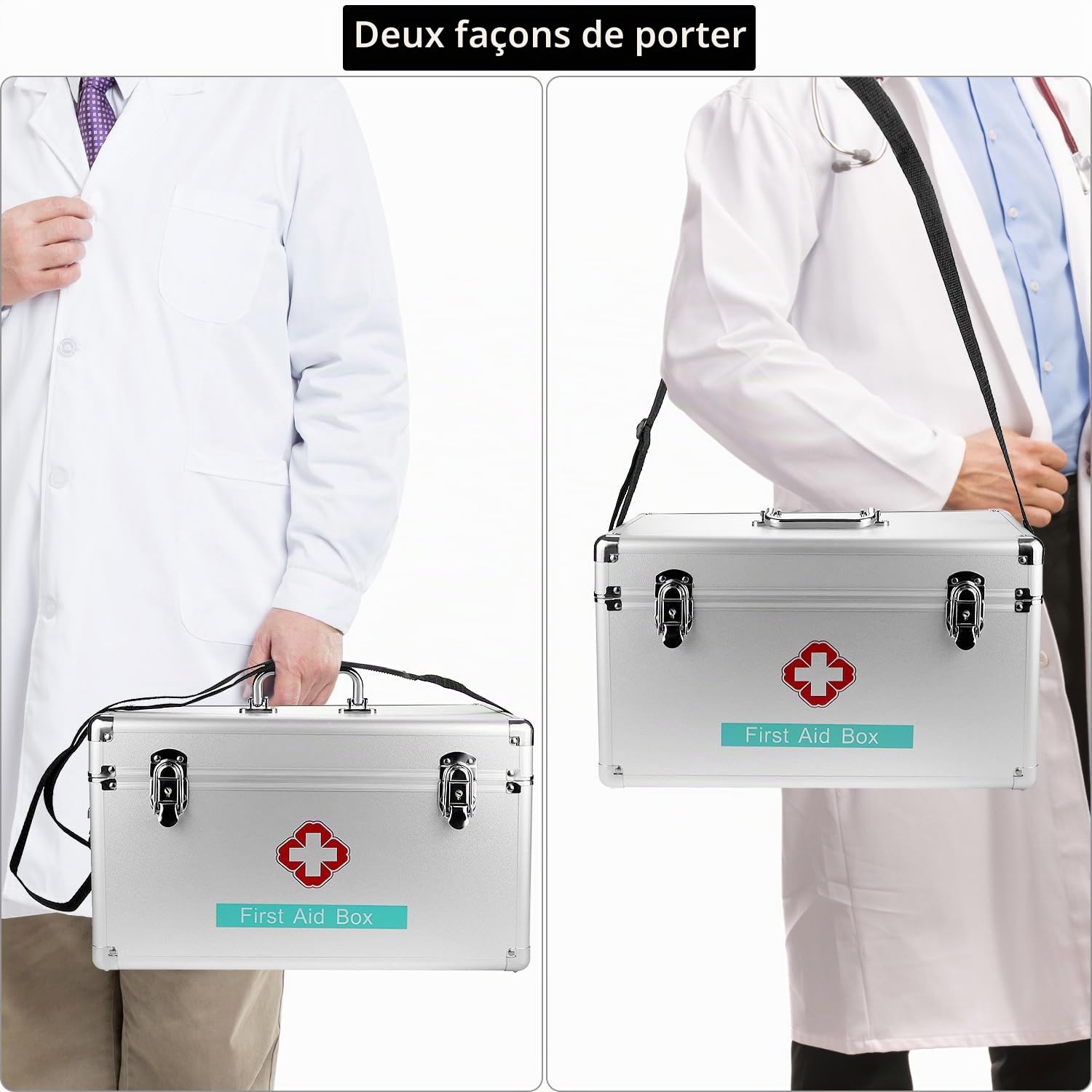 QWORK® Grande boîte à Pharmacie en Alliage d'aluminium, 40.5 x 22 x 23 cm Trousses de Secours avec Serrure