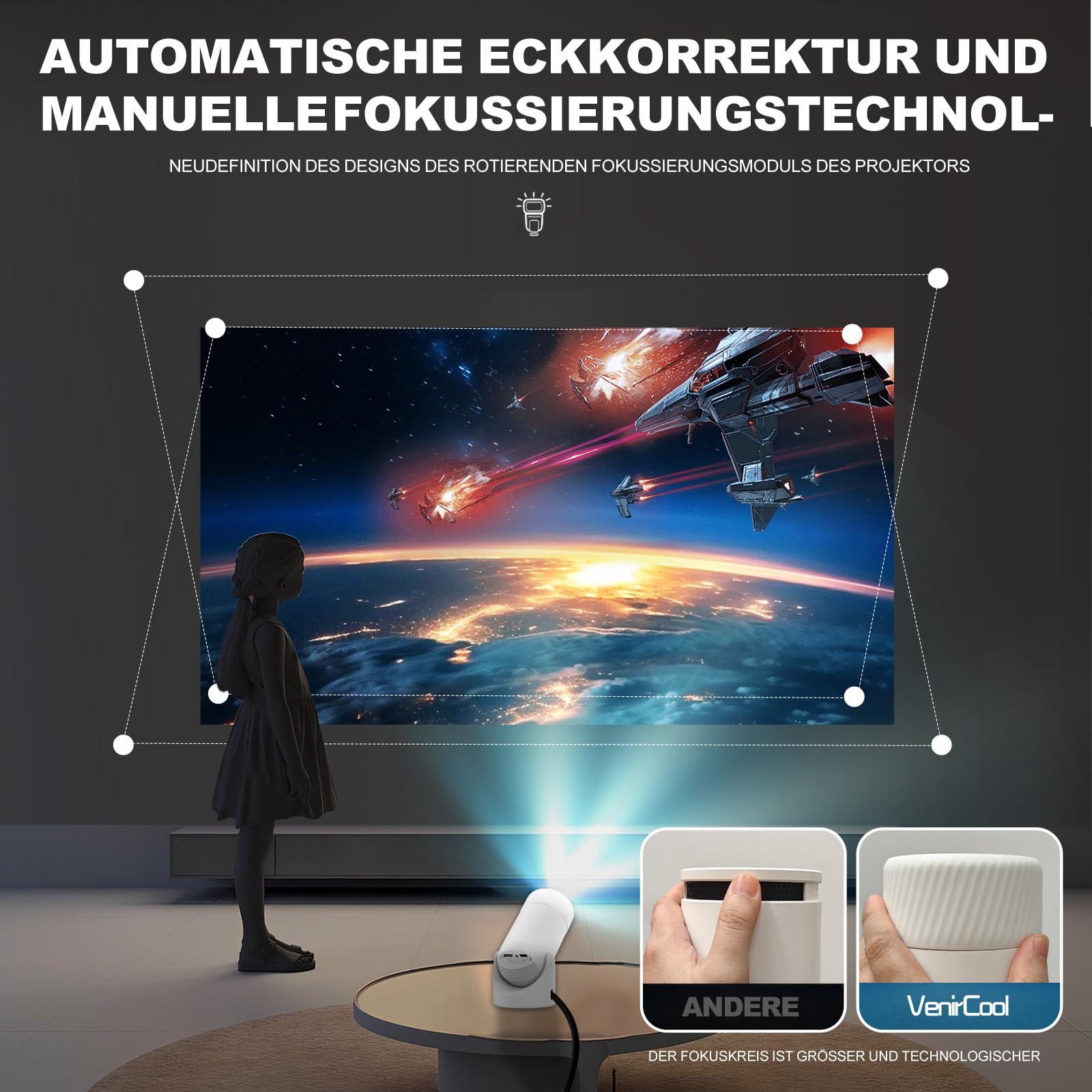 Mini proiettore con Bluetooth 5.0, proiettore portatile VenirCool P2 13000 L, supporto 4K con correzione trapezoidale elettrica WiFi6, supporto girevole a 180° per film domestici