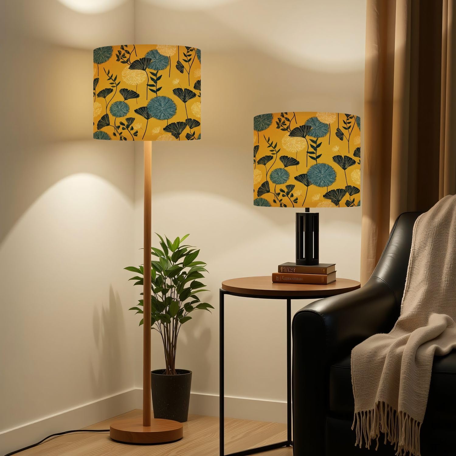 Linen Drum Lamp Shades 1 Pack, 13''Wx10"H, Abstract Floral Blue Yellow Flowers Mustard Replacement Lampshades for Floor Lamps Table Lamps Modern Farmhouse Lampshade Easy Assembly