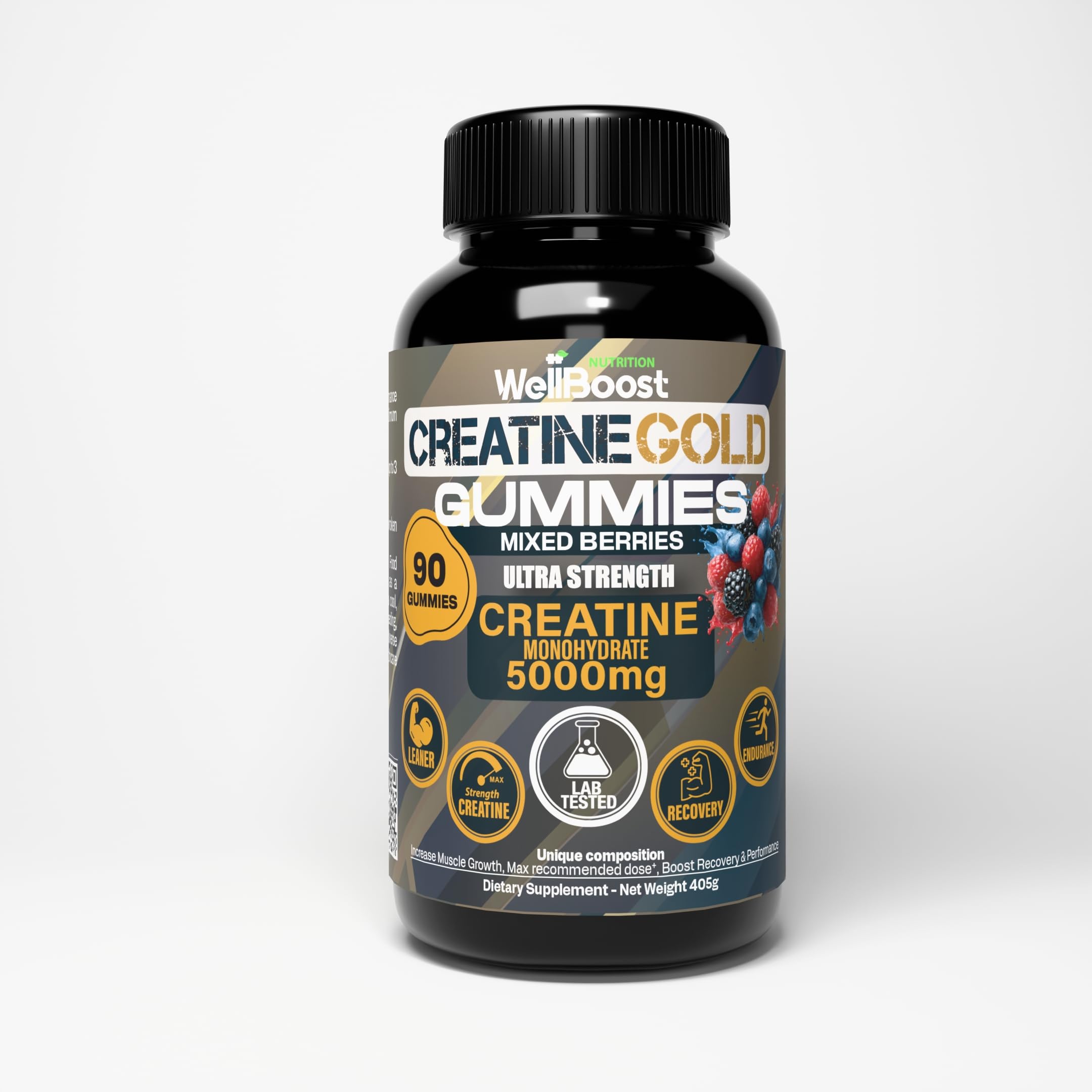 WellBoost Creatine Gold β 5000mg Creatine Monohydrate, Vegan, Sugar-Free Gummies for Lean Muscle Growth, Endurance, Recovery & Energy (1 Month Supply) with Mixed Berry Flavour.