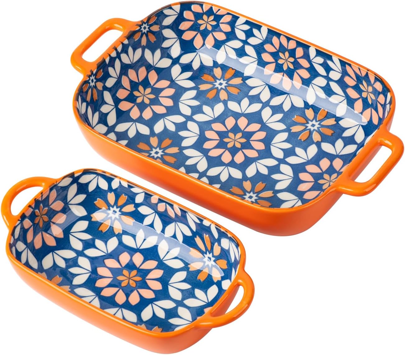 ONCCI Ceramic Baking Dish Set, 2-Piece Hand-painted Porcelain Rectangular Bakware set with Handles,Large 10.55"L*7.4"W and 7.87"L*5.4"W Small Casserole Dish for Oven/Cooking/Kitchen(Royal Blue)