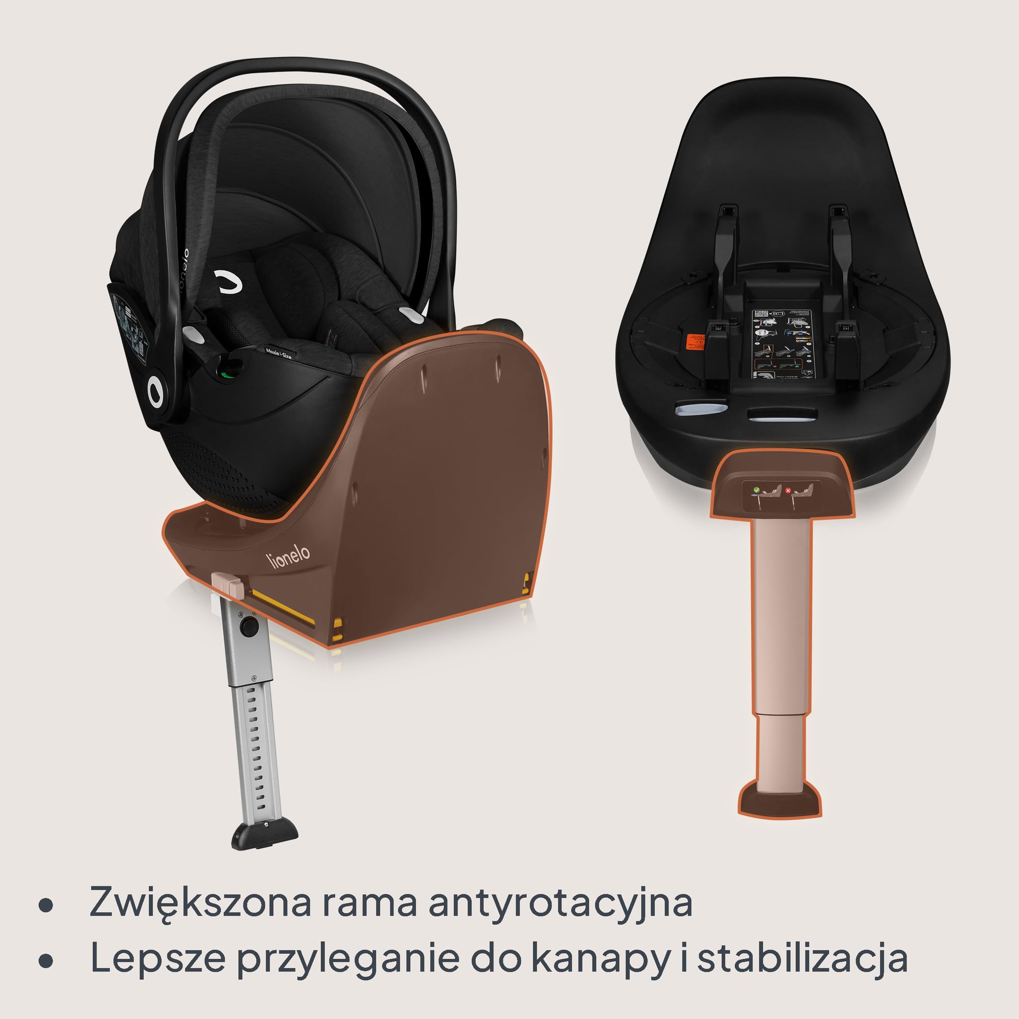 LIONELO MOXIE i-Size Base Baza do Fotelika Samochodowego Moxie i-Size, Montaż ISOFIX i Nogi Stabilizacyjnej, Montaż Zatrzaskowy, Wskaźnik Prawidłowej Instalacji