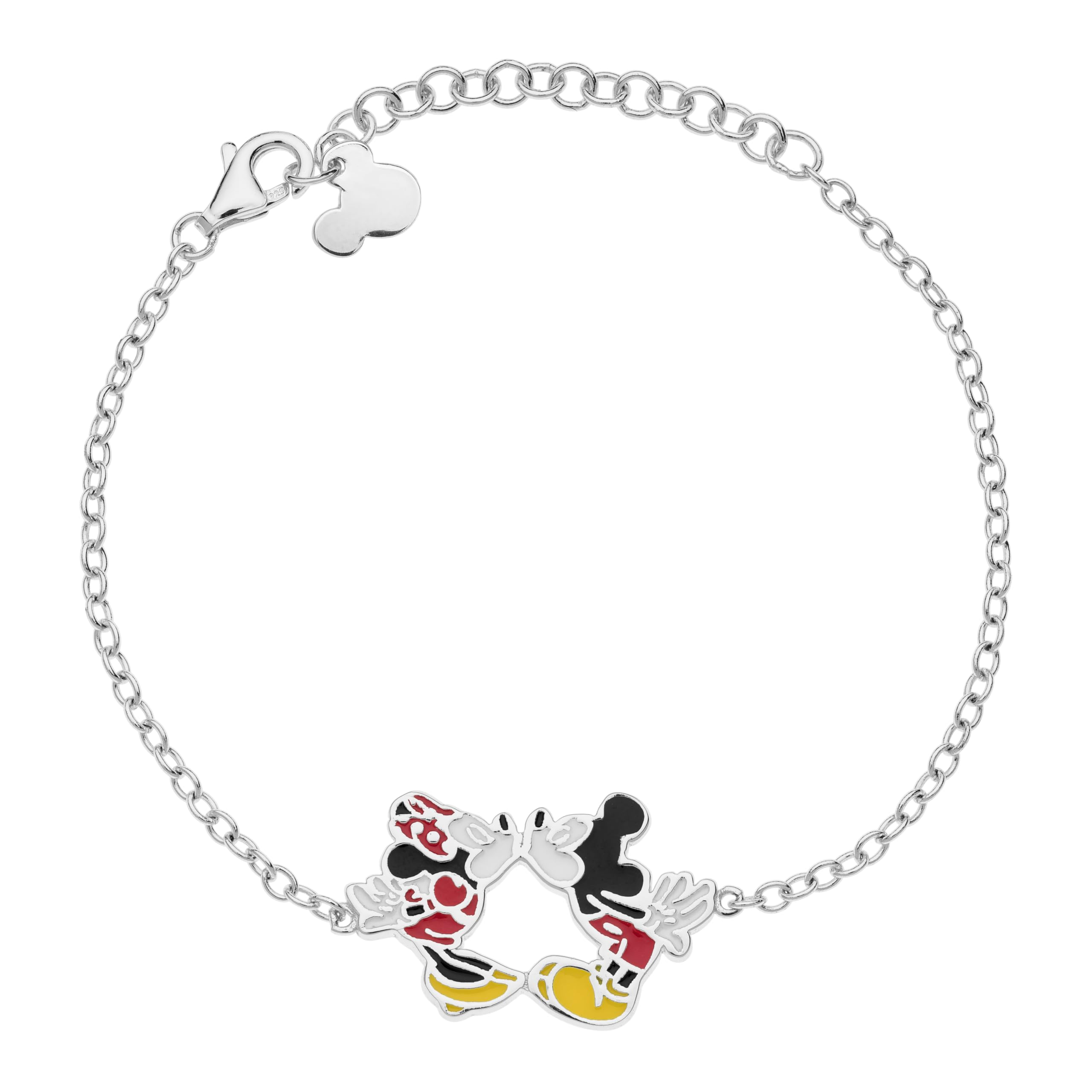 Disney Bracciale Topolino e Minnie in Argento 925 con Smalto Colorato, Braccialetto Regolabile con Charm Bacio per Bambini e Bambine, Confezione Regalo, Gioielli Ufficiali