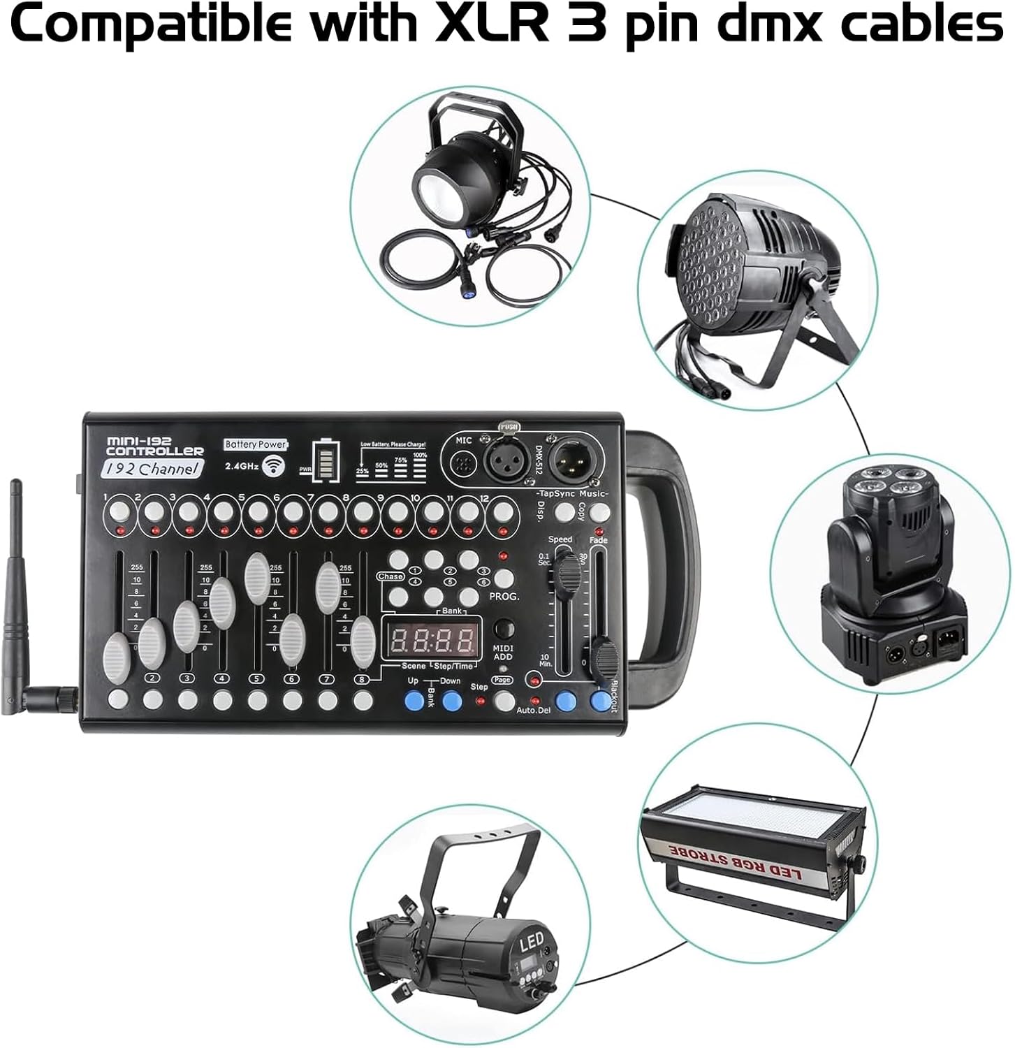Diagram showing the DMX512 Console connected to various stage lighting fixtures via XLR 3-pin cables.
