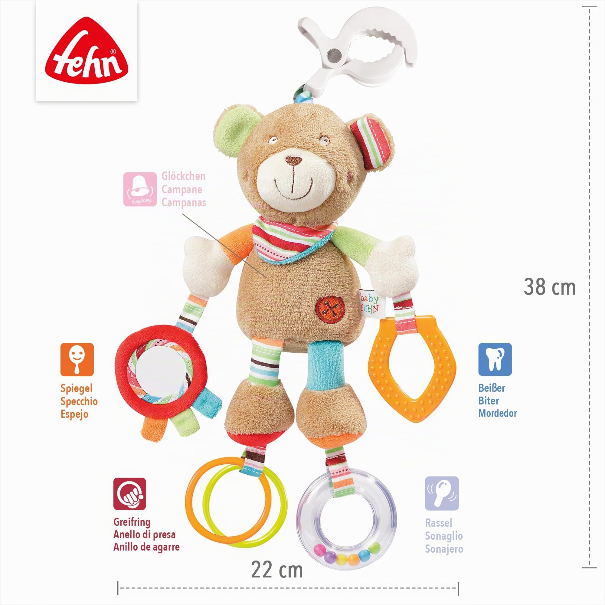 Fehn Attività orso - Giocattoli motori per passeggini, lettini e seggiolini auto - da mordere, afferrare e produrre rumori - per neonati e bambini a partire da 0+ mesi