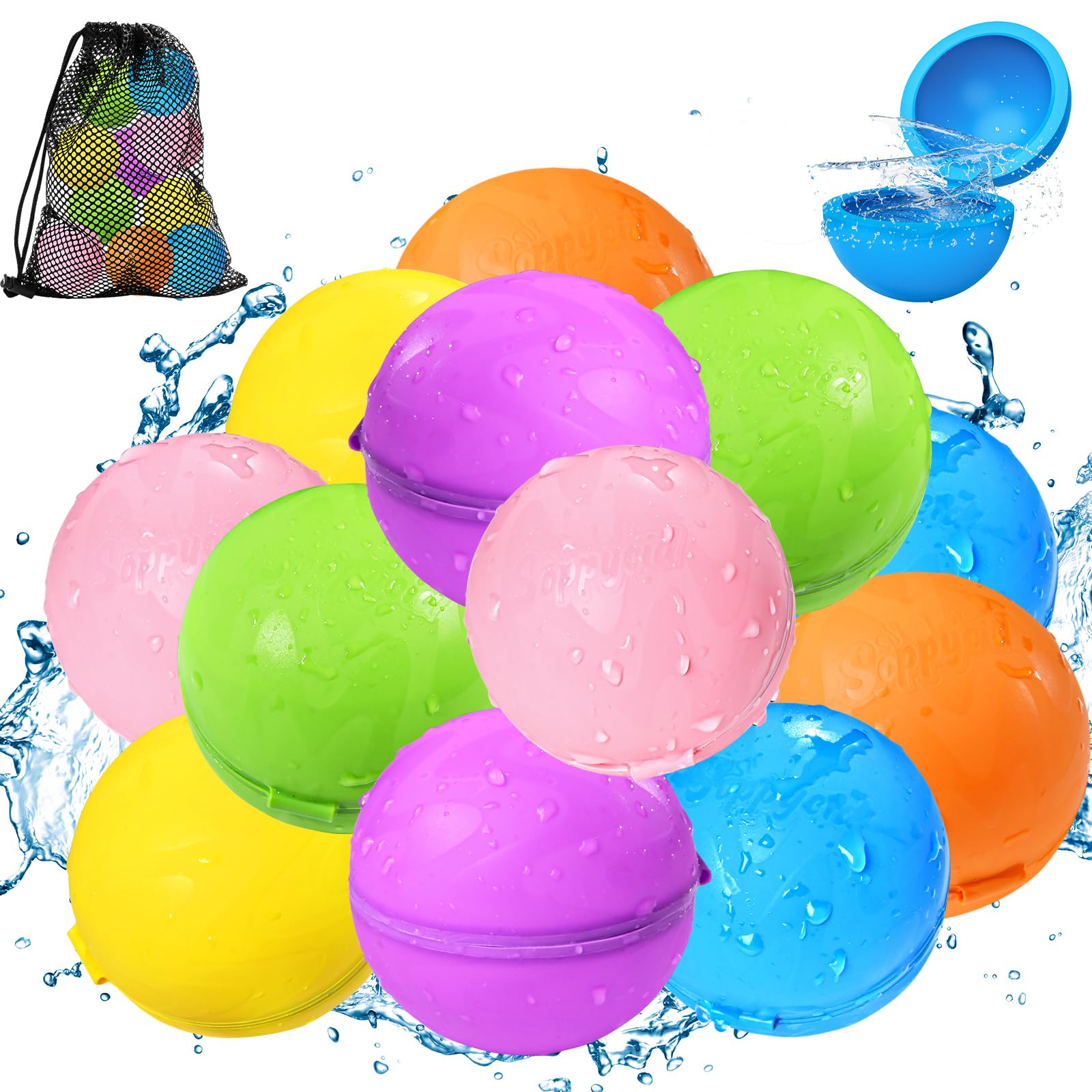 Reusable Water Balloons, Quick Fill Water Bombs for Kids Adults, Reusable Water Balls for Garden Pool Beach Outdoor Toys, Summer Family Party Water Fight Games (Multicoloured-12PCS)