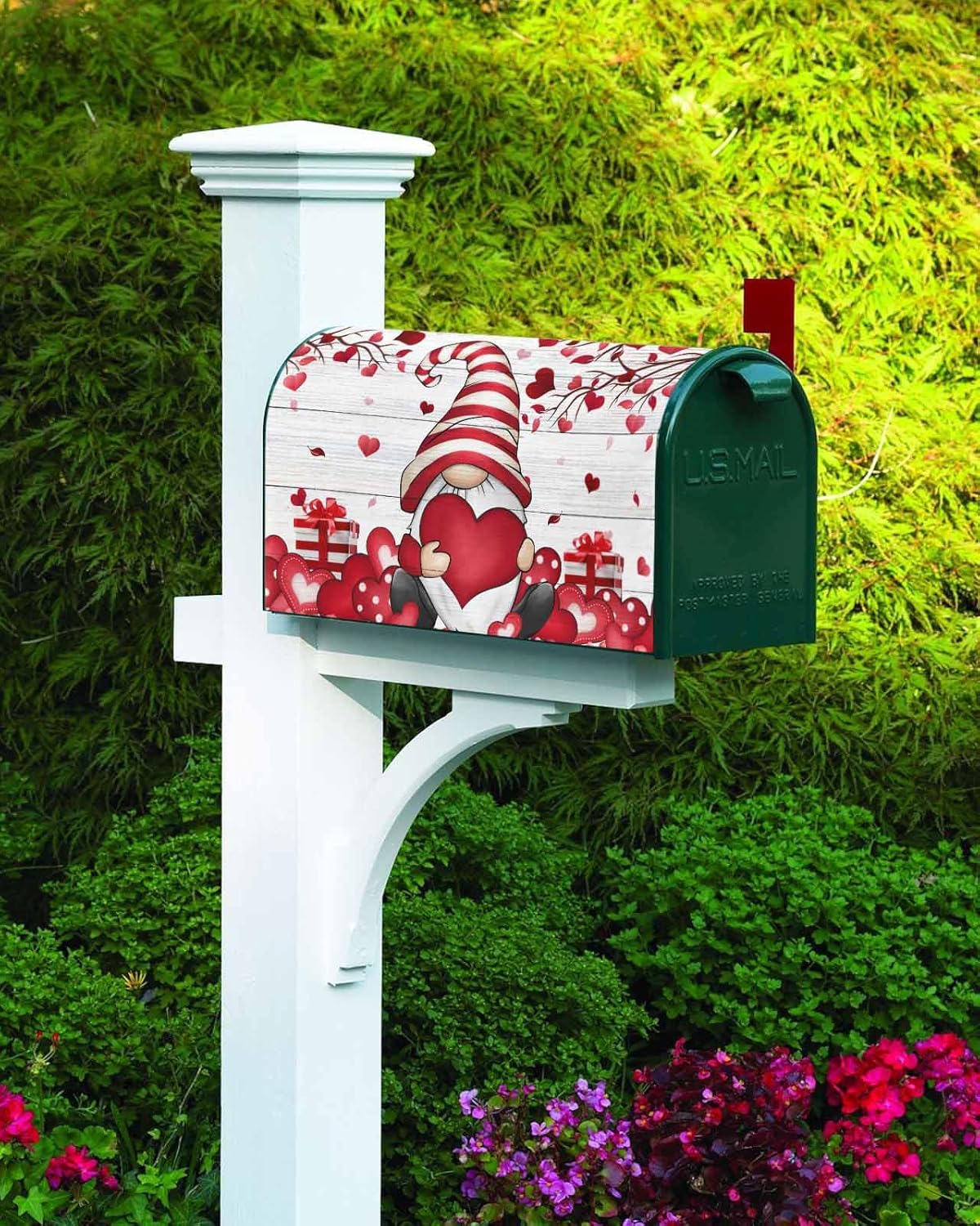Valentine's Gnomes Mailbox Covers Magnetic Standard Size, Decorative Post Letter Numbers Box Wrap Decoration Covers Large Accessories for Garden Yard Outdoor Décor, Farmhouse Woodgrain Red Love