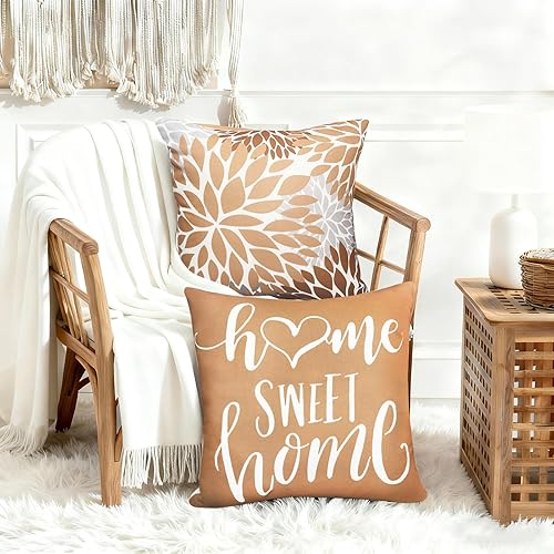 Miniatura 5 de Juego de 4 fundas de almohada decorativas de color café de 20 x 20 pulgadas, fundas de almohada cuadradas de lino, fundas de almohada bohemias