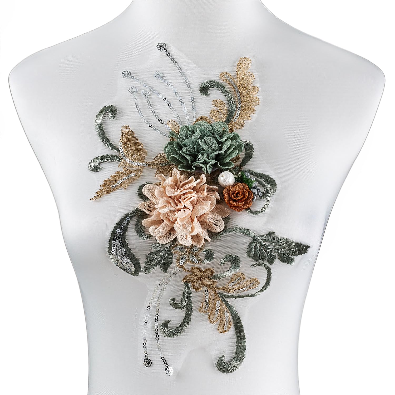 Silvora 3D Embroidered Beaded Pearl Flower Fabric Lace Applique, Handmade Sewing Tool for DIY Wedding Bridal Dress Floral Clothes Patches (DarkGreen)