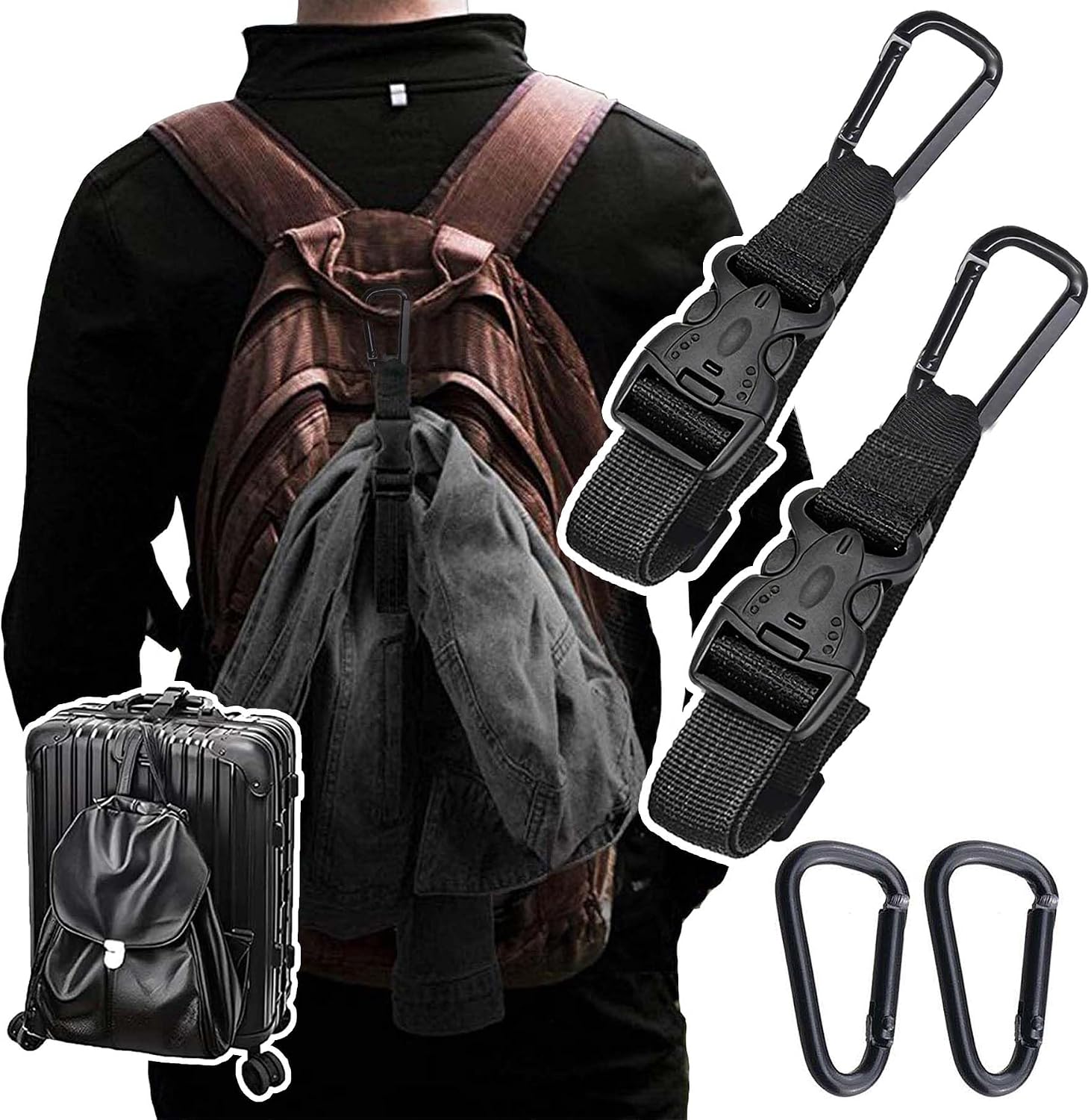 2 Pack Add a Bag Luggage Straps - Adjustable Suitcase Belts Travel Accessories - Jacket Gripper Arm Saver Easy to Carry Your Extra Bags (Black,Four Hooks)