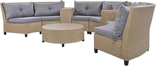 Miniatura 8 de Juego de sofá de media luna de 9 piezas, muebles de patio de ratán, juego de sofá medio redondo en forma de abanico con mesa redonda, juego