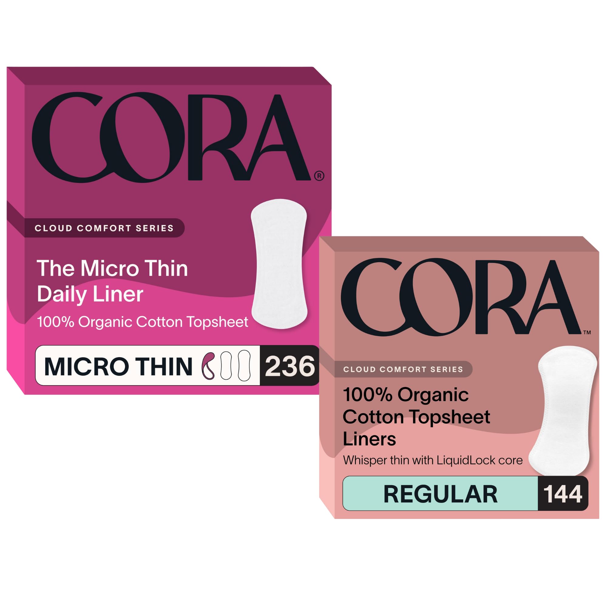 Cora Organic Cotton Feminine Care Bundle 236 Micro Thin Daily Panty Liners and 144 Regular Period Pads Ultra