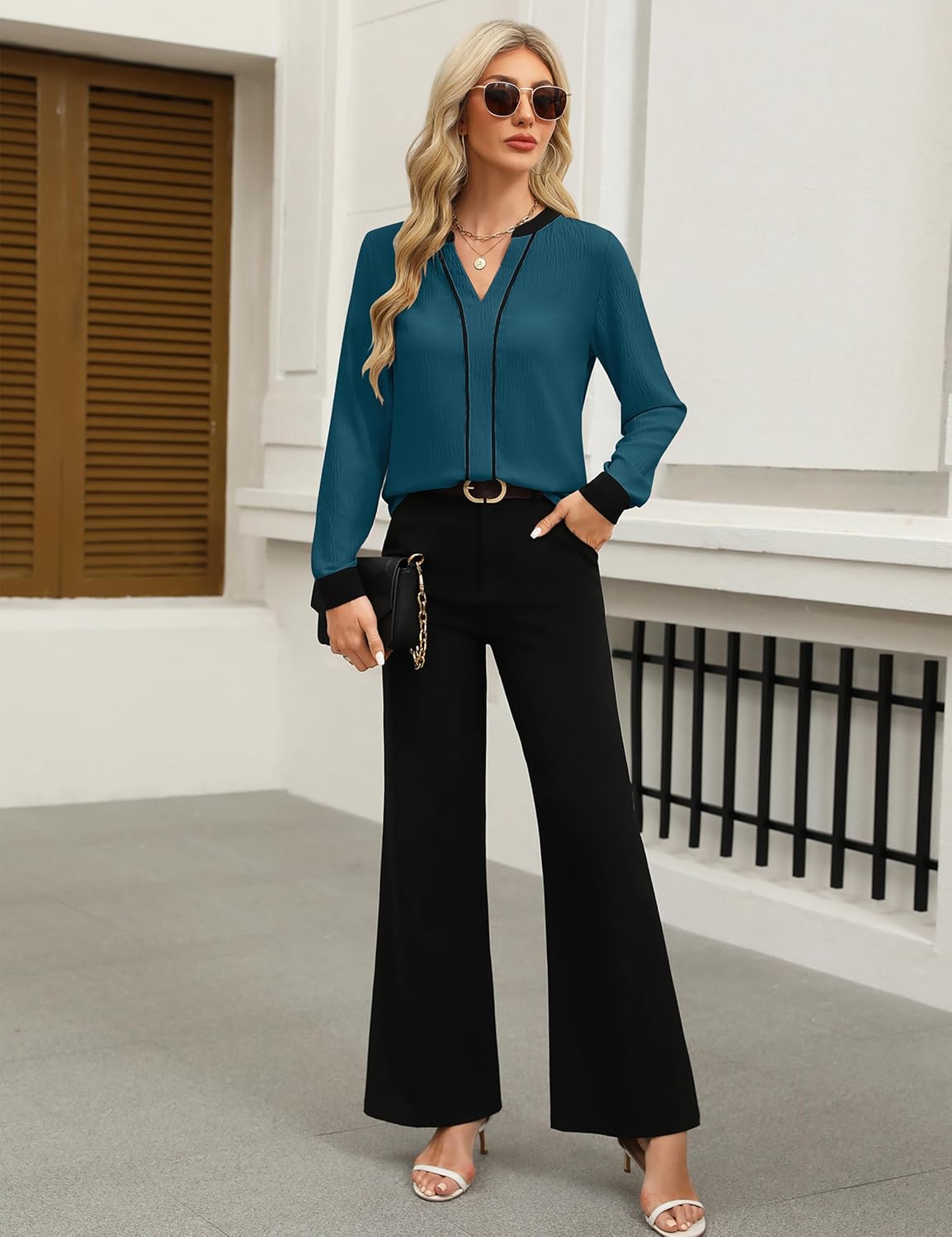 Fayenne Womens Tops Dressy Casual V Neck Color Block Business Casual Blouses Long Sleeve Work Shirts Fall Trendy Clothes - Image 6