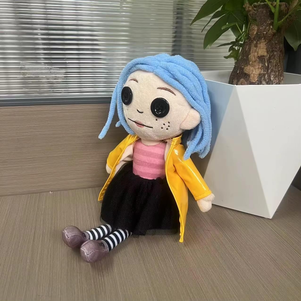 Coraline Plush Doll, Blue Hair, Button Eyes, Yellow Raincoat, Striped Stockings, Soft Toy