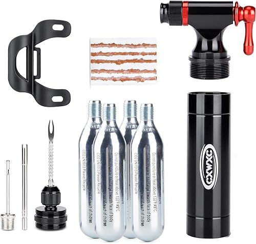 CXWXC Inflador de CO2 con 4 cartuchos de CO2 de 0.56 oz y kit de reparación de neumáticos sin cámara - Compatible con válvula PrestaSchrader - Bomba