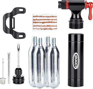 CXWXC CO2 Inflator with 4 x 16g CO2 Cartridges & Tubeless Tire Repair Kit - Presta/Schrader Valve Compatible - Bicycle Tire Pump for Road and Mountain Bikes