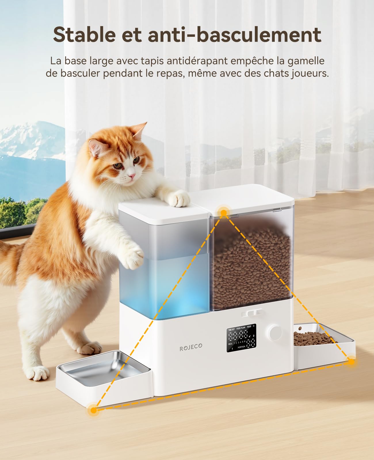 Rojeco Distributeur Automatique 2-en-1 Nourriture et Eau，8.5L Grande Capacité，Minuterie Programmable，Bols en Acier Inoxydable，Commande par Bouton，pour Chat Chien Petit Moyen Animal