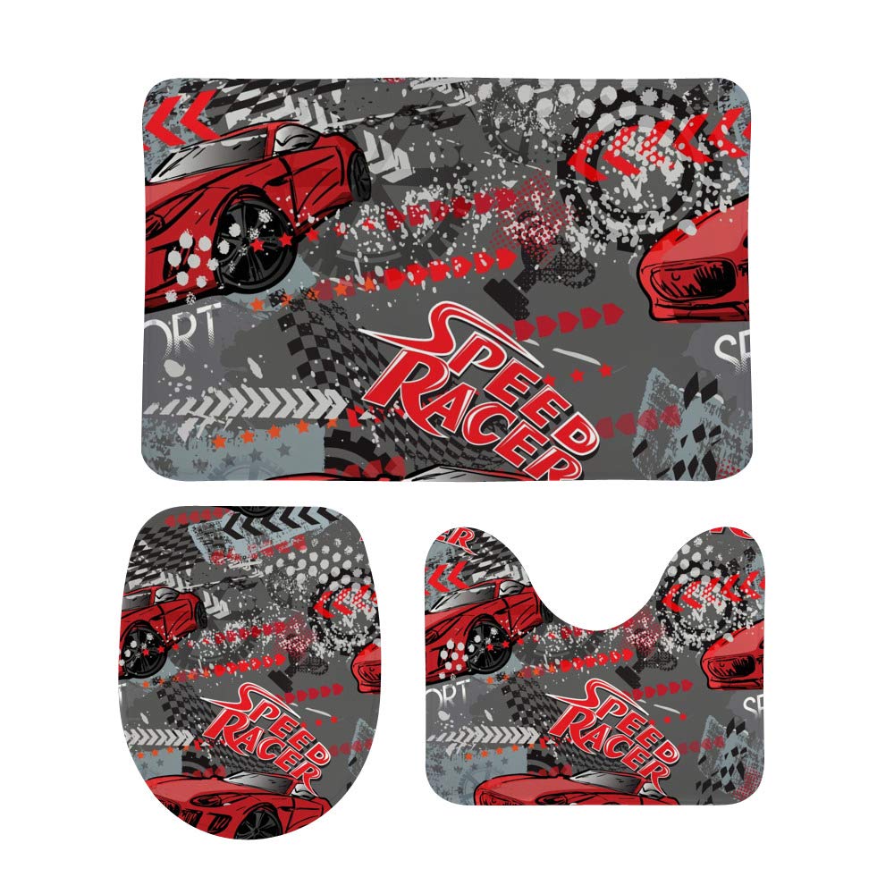 Tapis de bain en U Ruchen motif voiture rouge craquelée lot de 3 pièces