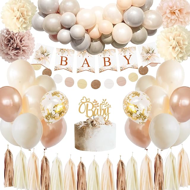 Baby Shower Decorations Girls, Beige Cream Apricot Baby Shower Neutral Kit with Balloon Arch, Banner, Champagne Gold Dots Garland, Cake Topper, Paper Pompom and Tissue Tassels for Unisex Gender Reveal