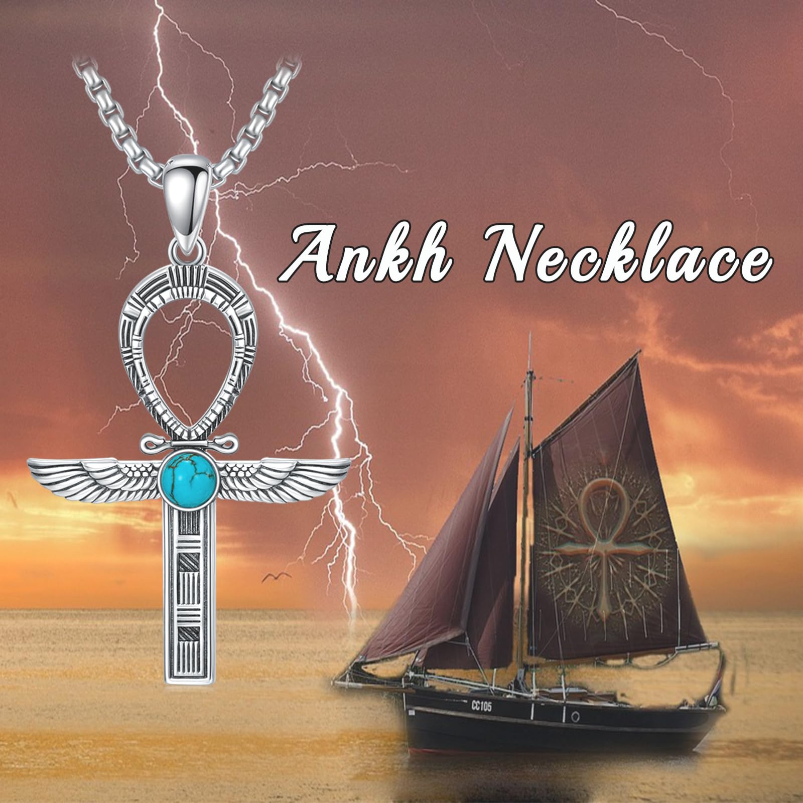 Ankh-Halskette für Herren 925er-Sterlingsilber natürlicher Türkis ägyptisches antikes Ankh-Kreuz-Anhänger Schutzamulett Schmuck Geschenke für Vater