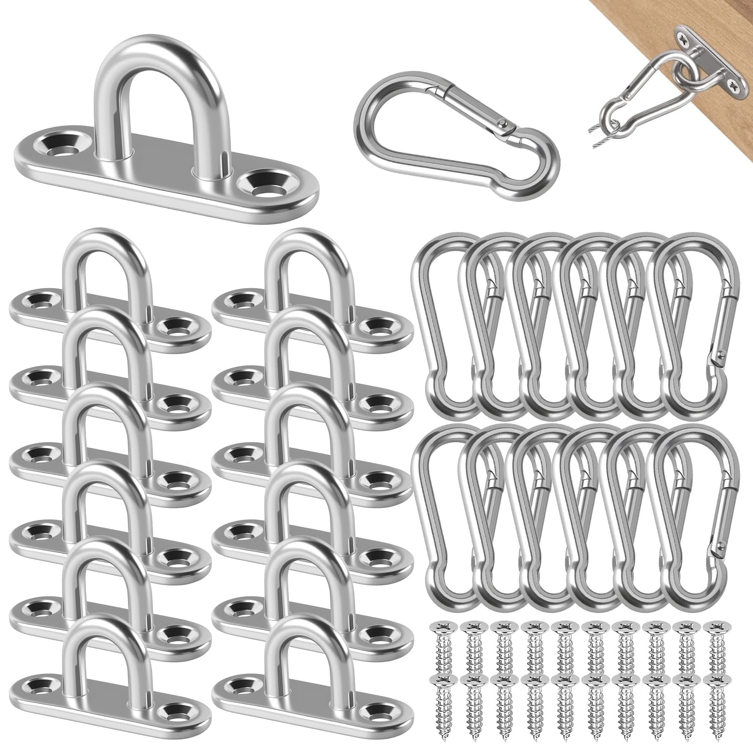 Hutglcfpy 40-Piece Stainless Steel Eye Plate Pad Eye Plate Set Eye Hooks with Metal Hooks, Includes Carabiner Clip Small & Matching Screws for Wall & Ceiling Mounting