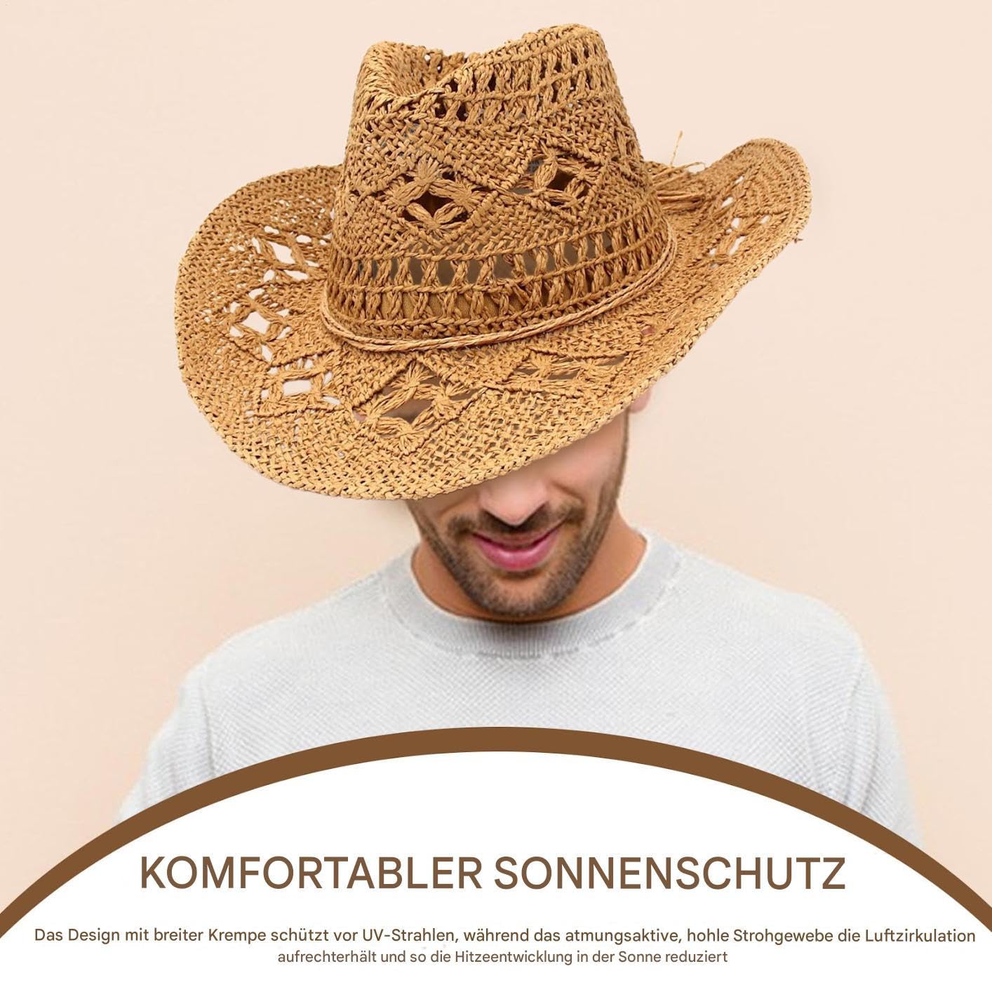 Generisch Cowboy Strohhut | Atmungsaktiv Cowgirl Hut,Breitkrempiger Sonnenschutz Hut Für Festival Party Sommer Wanderreisen Farmarbeit