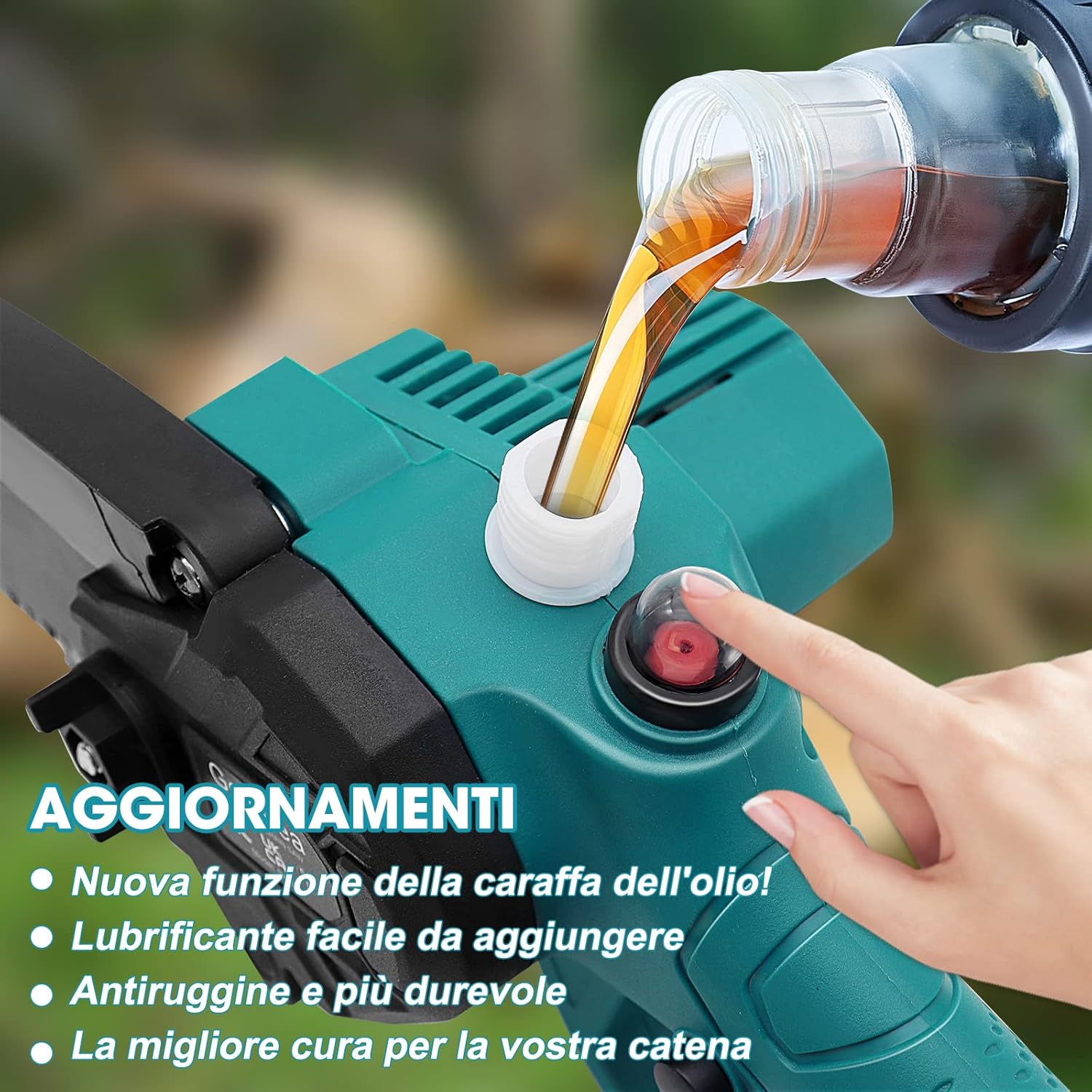 Chainsaw with automatic oiler function, showing oil being poured into the reservoir.