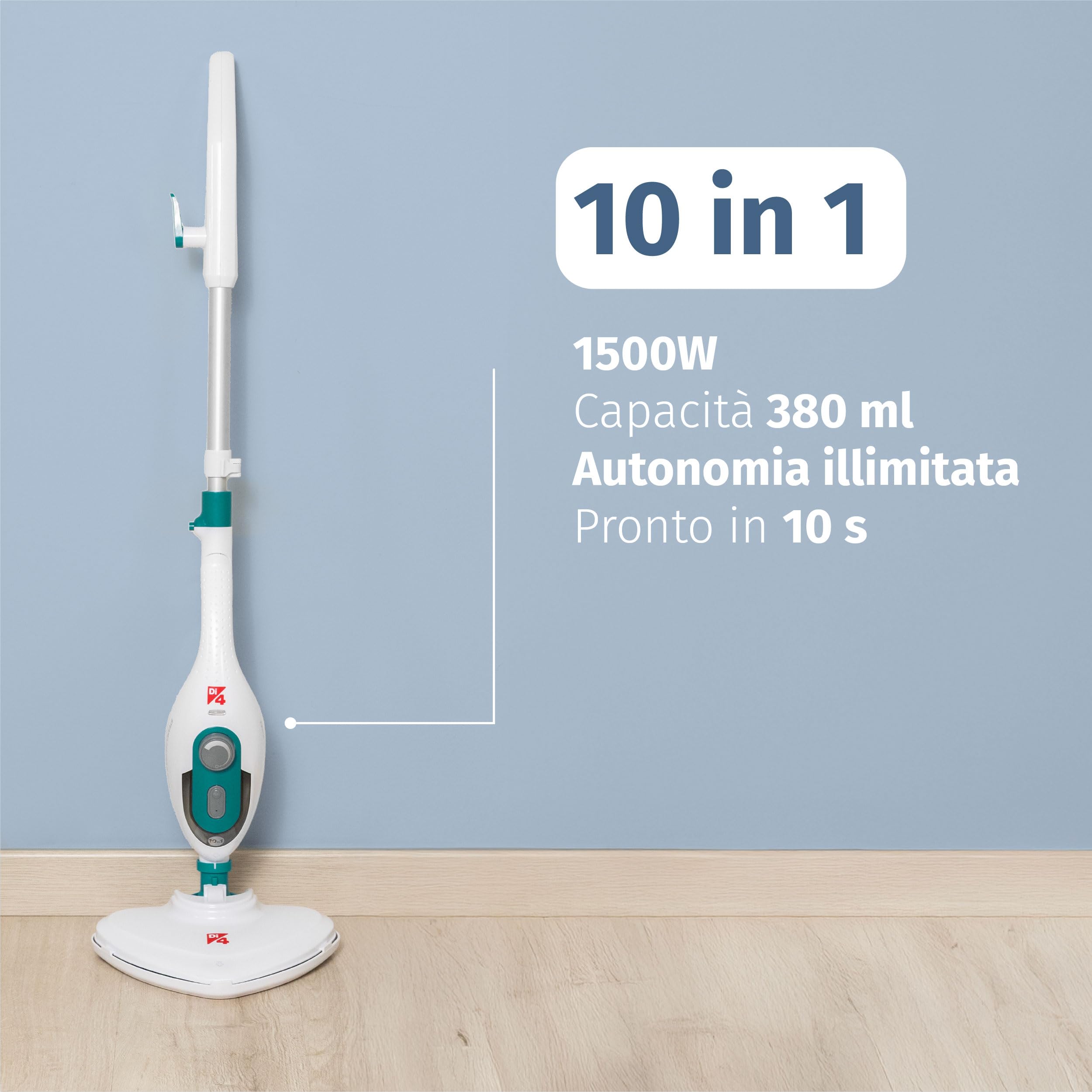 Di4 Steamclean Multi10 Max Scopa a Vapore Multifunzione 10 in 1, 1500 W, Elimina il 99,9% di Virus e Batteri, Pulizia senza Prodotti Chimici o Abrasivi