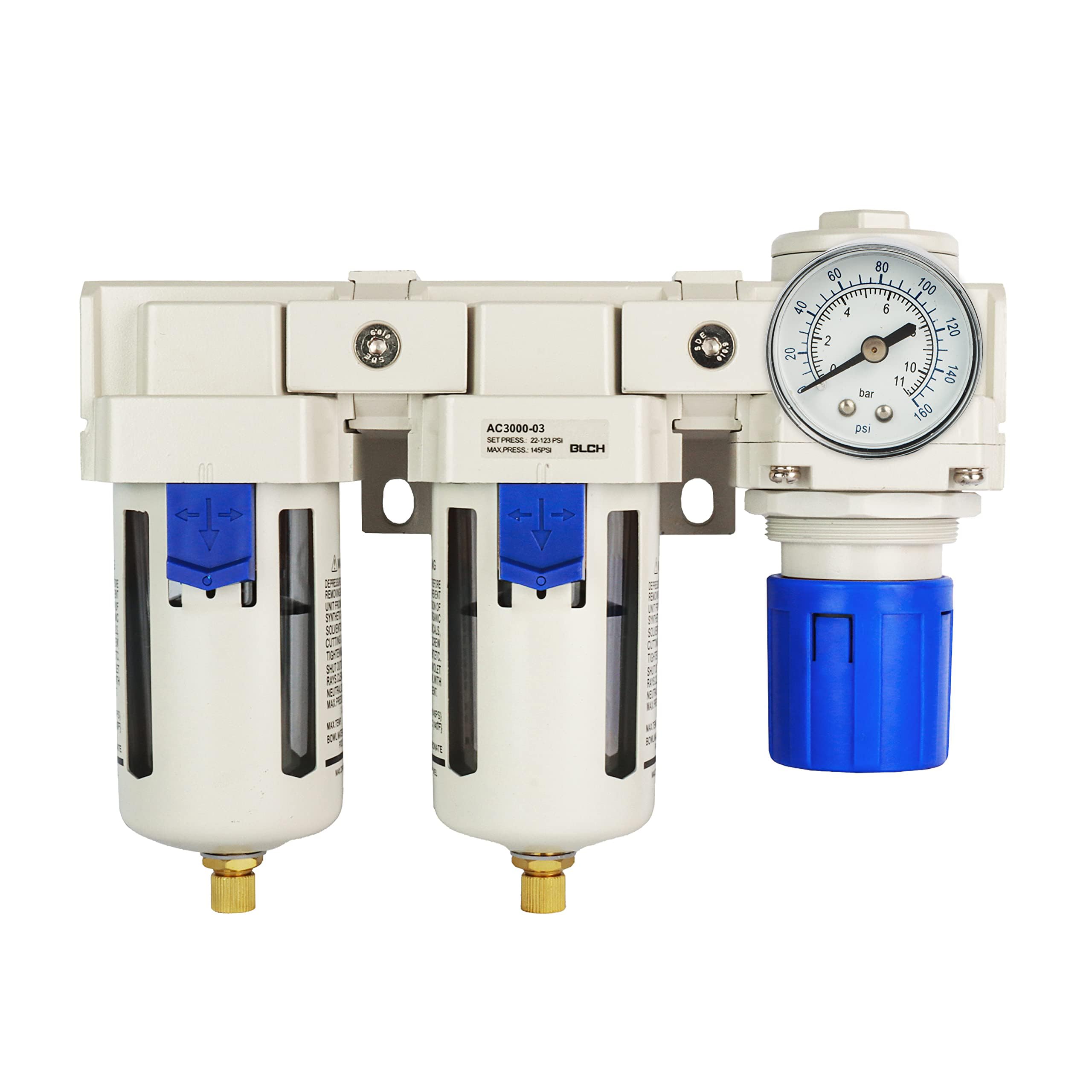BLCH 3/8" BSP Kompressorfilter - 2-Stufiger Drucklufttrockner mit Regler AC3000-03 mit Halbautomatischem Ablass, PC-Behälter und Messing-Manometer (0-160 PSI/11 Bar)