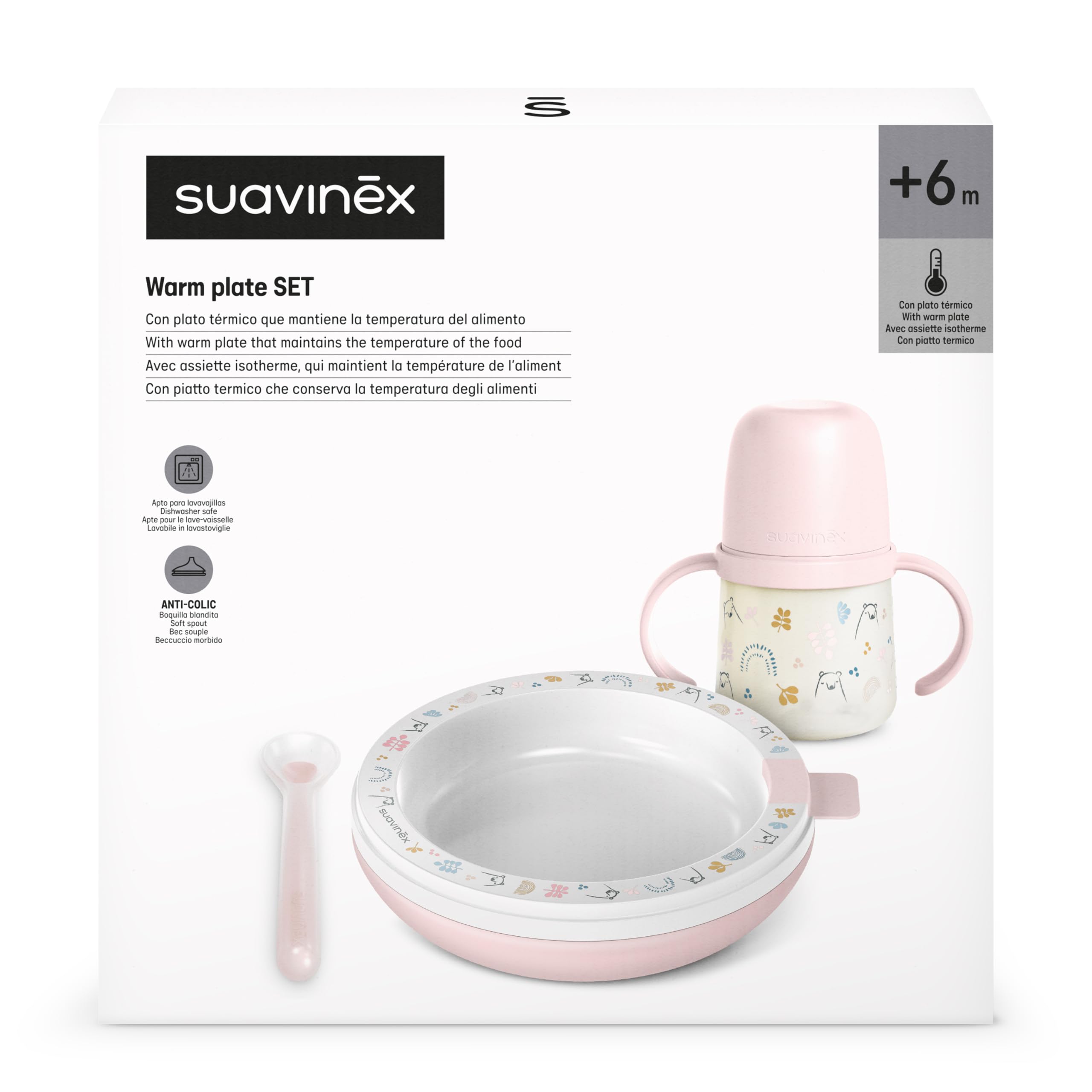 Suavinex, Zestaw gorących posiłków z talerzem termicznym, silikonowa łyżka + kubek z silikonowymi uchwytami i dziobkiem + talerz termiczny + 6 miesięcy, My Family Pink