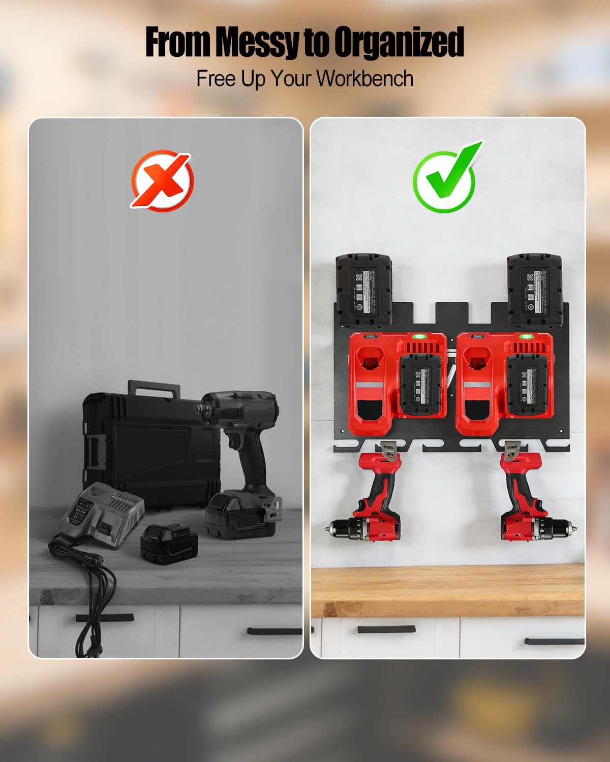 3-in-1 Wall Mount Rack for Milwaukee 18V Battery Packs and 2x M12-18C/2x M12-18FC/1x M18 DFC Charger and Power Tool– Heavy Duty Metal Tool Organizer