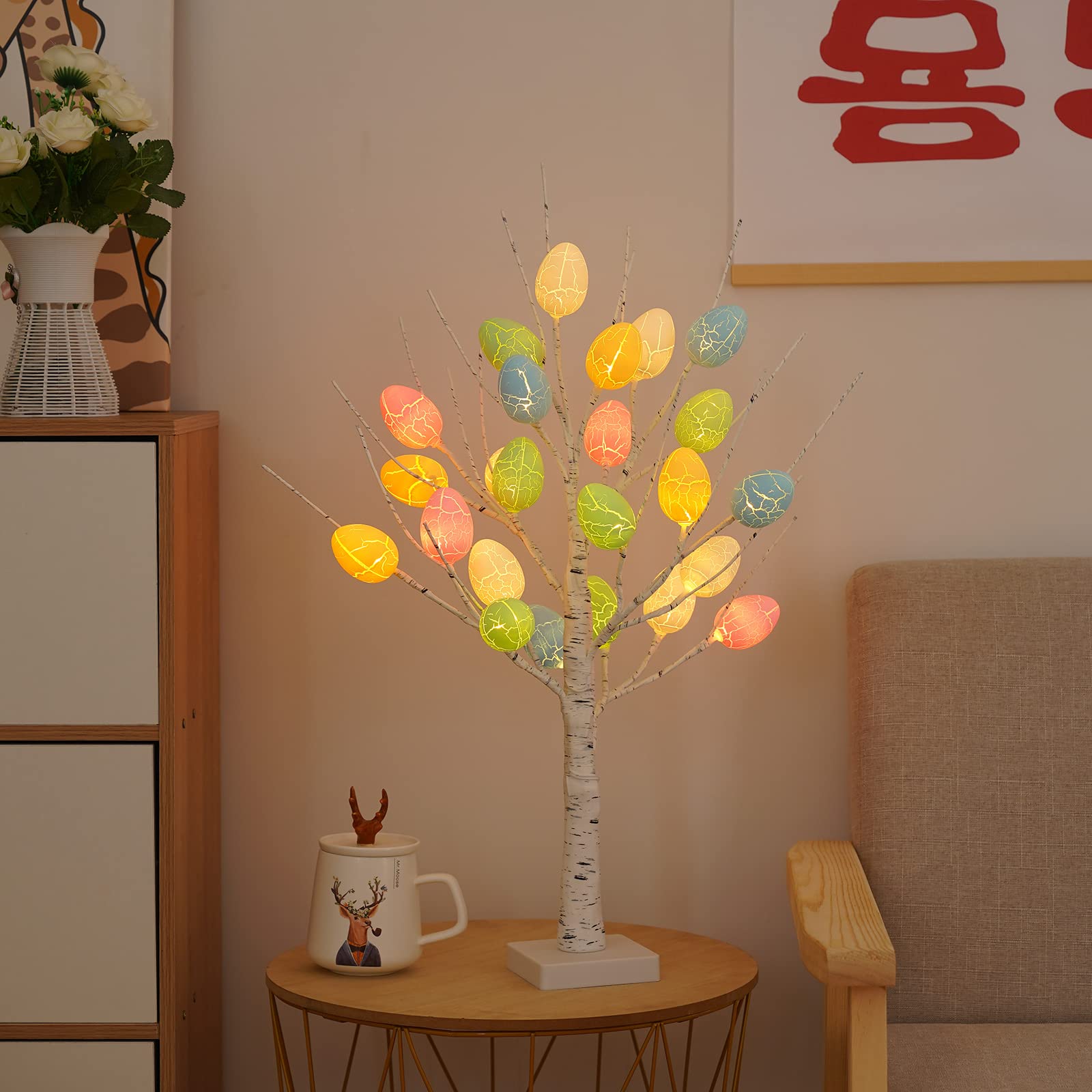Pumpumly Pasen Boom Licht, 24 Inch Verlichte Berkenboom met 24 LED Paaseieren Ornamenten & Verstelbare Takken, 3AA/USB Pasen Kerst Decor voor Home Office Party Tafelblad