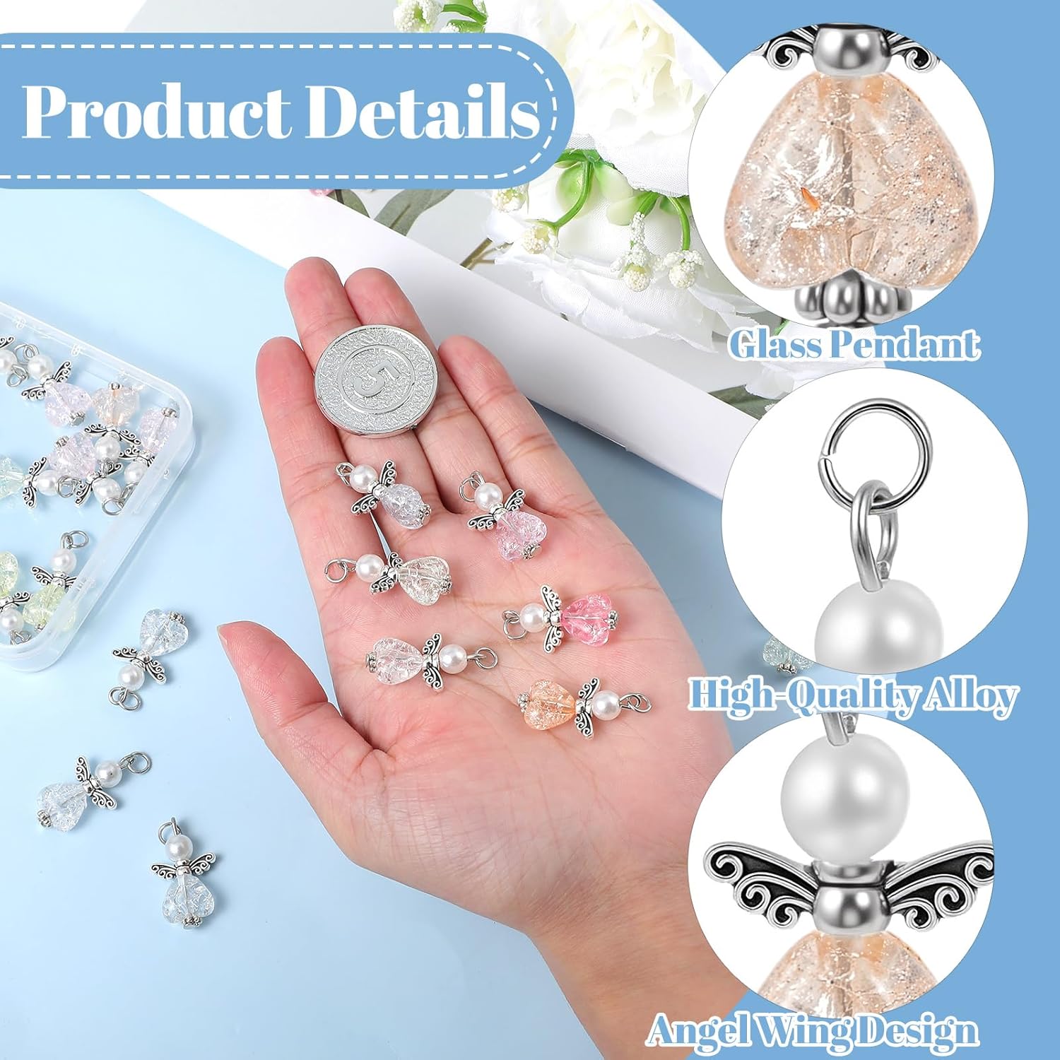 30 PCS Angel Charms, Angel Wing Charms for Crafts Mixed Metal Small Angels Wings Pendants with Heart White Pearl Beads Guardian Charm for Jewelry Making DIY Necklace Bracelet Earring Craft Decoration - Image 3