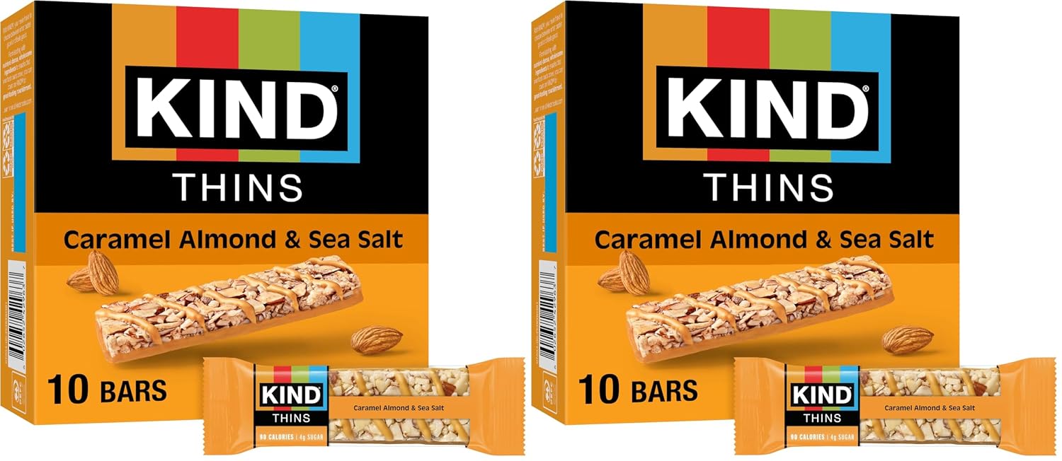 KIND Thins Snack Bars, Caramel Almond & Sea Salt, Gluten Free, Low Calorie, Healthy Snacks, 4g Sugar, 10 Count (Pack of 2)