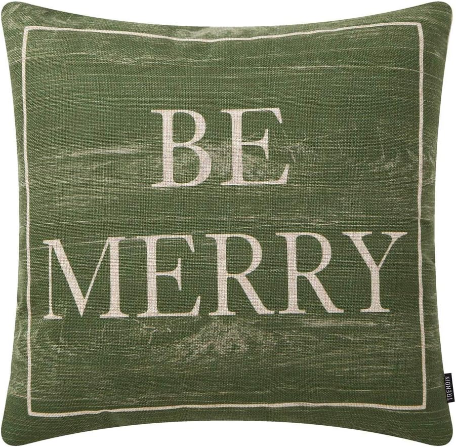 TRENDIN Xmas Pillow Cover 18x18 inch for Farmhouse Christmas Decor Cotton Linen Vintage Green Be Merry PL407TR