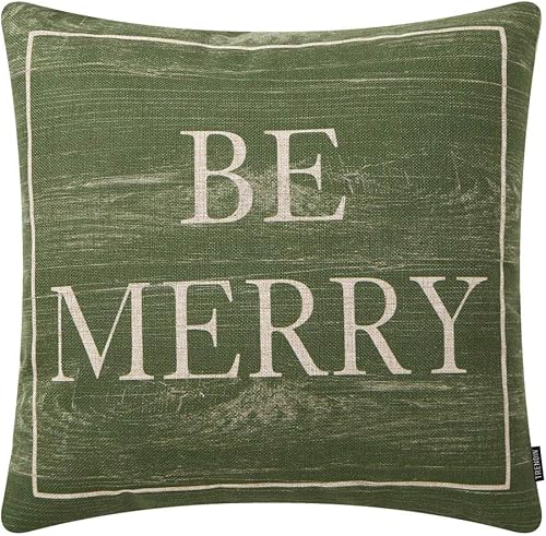 TRENDIN Funda de almohada de Navidad de 18 x 18 pulgadas para decoración navideña de granja, algodón, lino, vintage, verde, Be Merry PL407TR