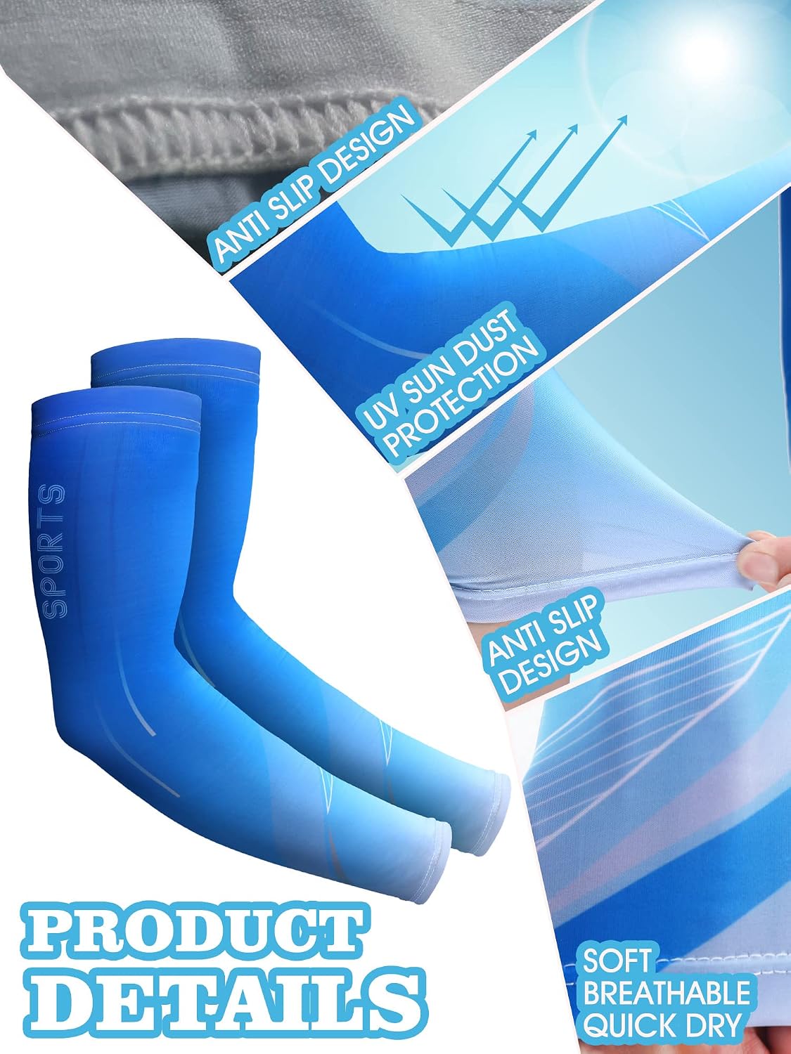 Newcotte 6 Pairs UV Sun Protection Arm Sleeves Cooling Sports Sleeve Anti Slip Ice Silk Arm Warmers Arm Covers for Men Women