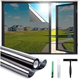 Haton One Way Window Privacy Film, Window Tint for Home with Tools, Static Cling Removable, UV Sun Heat Blocking Reflective Mirror Film, See Out Not in, Black-Silver, 17.5 by 78.7 inch