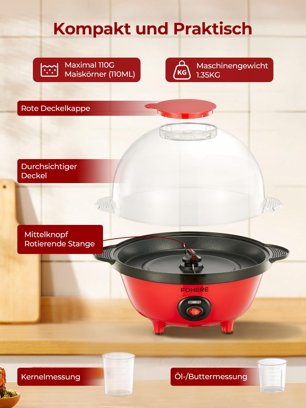 FOHERE 4,5L Popcornmaschine, 700W Popcorn Maschine mit 2 Messbecher für Zucker und Öl, Antihaftbeschichtete Heizplatte und Automatisches Rühren Retro Popcorn Maker für Urlaub und Filmabende