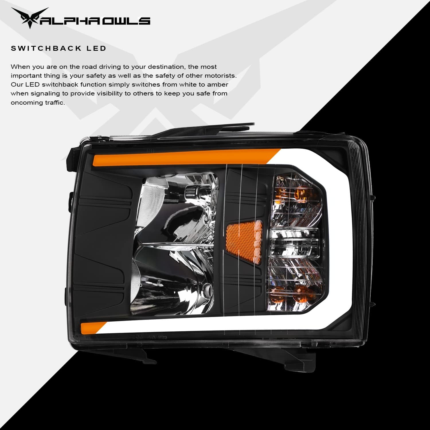 Alpha Owls 8712252 Crystal Headlights With Switchback Sequential LED Light Bar & Startup Light - Black Amber Fits 2007-2013 Chevy Silverado 1500/2007-2014 2500 3500 HD Halogen Models