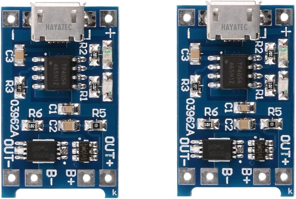 For TP4056 5V 1A Micro USB 18650 Lithium Battery Charging Board Module TP-4056 by HAYATEC (Pack of 2)