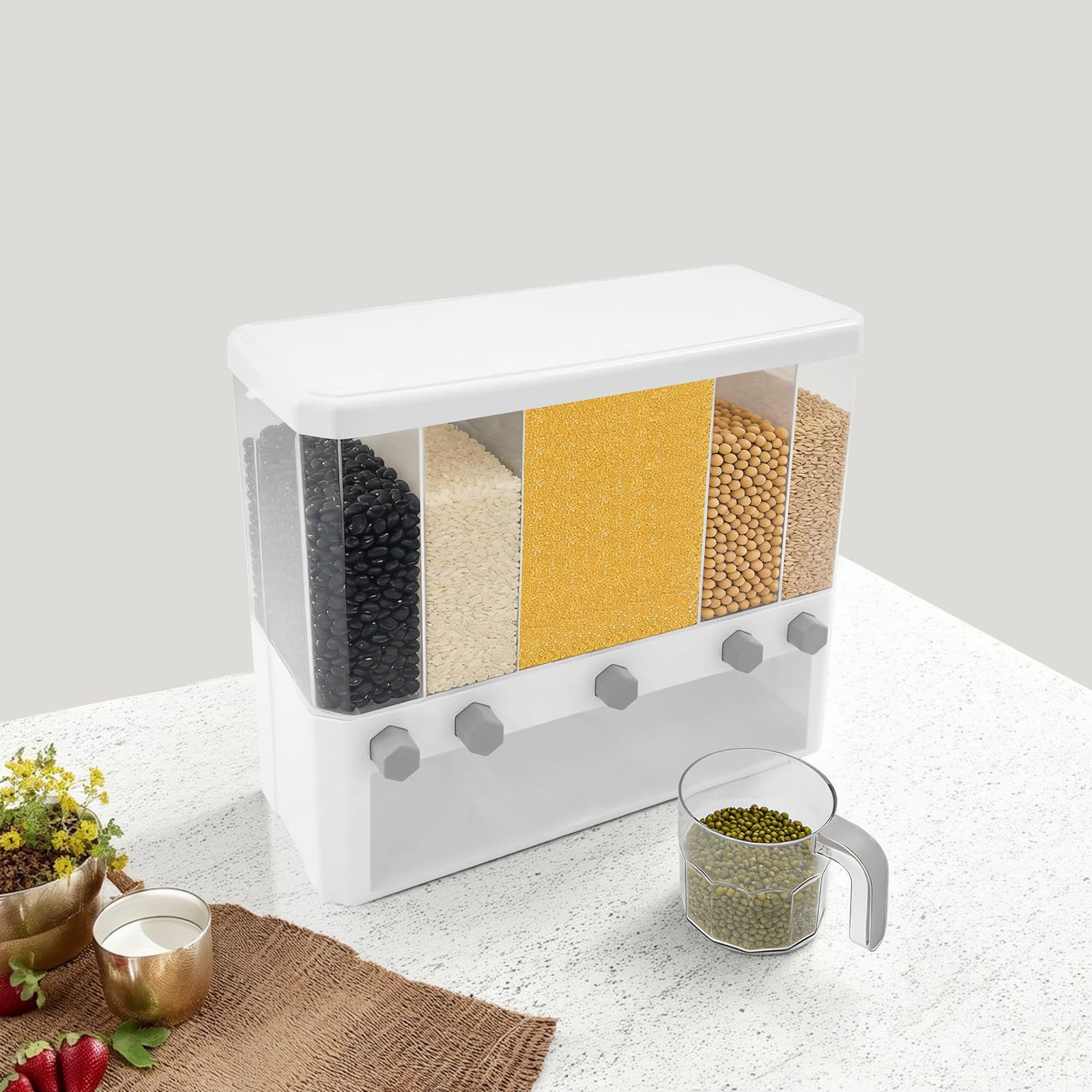 Contenitore per riso a 5 scomparti, dispenser di cereali con misurino e 5 coperchi rimovibili, contenitore per alimenti secchi, portata 15 kg, per riso, pasta, avena, fagioli, cucina, 42 x 19,5 x 35,2