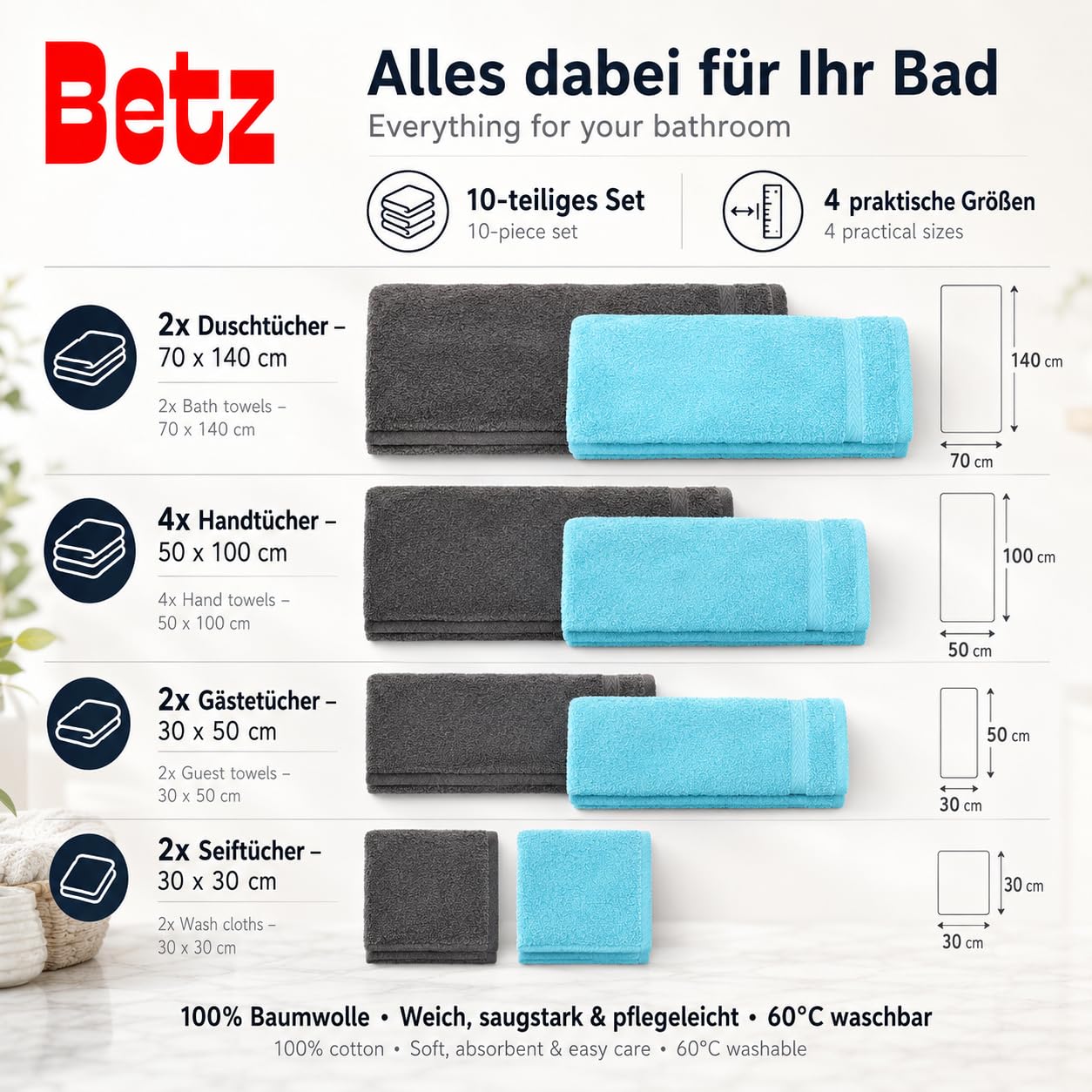 Betz Juego de 10 Toallas Classic 100% algodón 2 Toallas de baño 4 Toallas de Lavabo 2 Toallas de tocador 2 Toallas faciales de Color Turquesa y Gris Antracita
