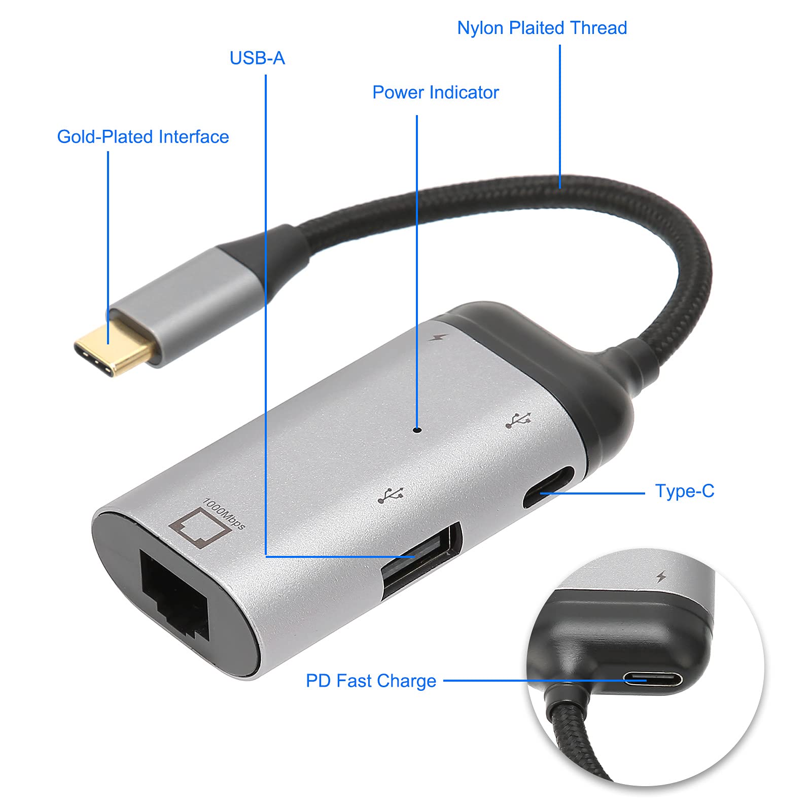 Adattatore da USB C a Ethernet, Adattatore di Rete LAN da Tipo C a RJ45/65W PD/tipo-C/ USB2.0 Gigabit Ethernet 10/100/1000Mbps, per Pro Air 2019/2018/2017, Ecc.
