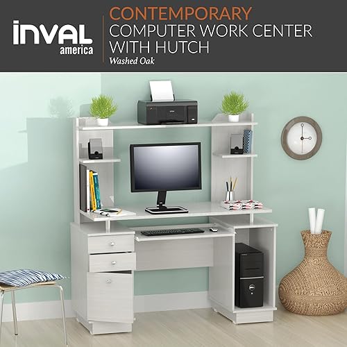Miniatura 4 de Inval America, 53.5 pulgadas de alto x 48.62 pulgadas de ancho x 19.5 pulgadas de profundidad, centro de trabajo de roble lavado con gabinete,