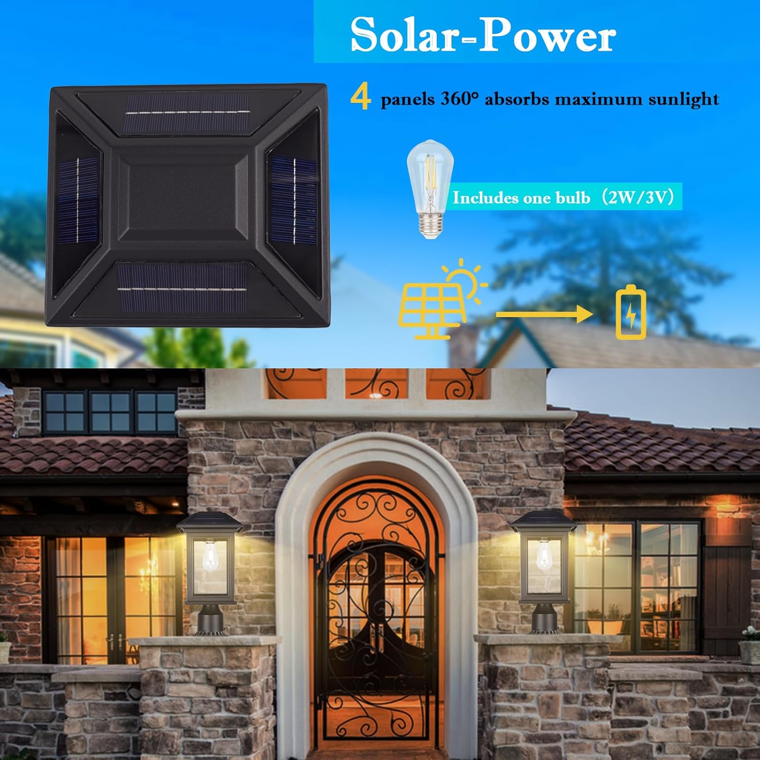 Solar Post Lights Outdoor, Waterproof Anti-Rust Black Pole Light Fixtures with Clear Glass, LED Solar Powered Lamp for Garden, Front Yard, Porch, Garage, and Patio (Bulb Included)