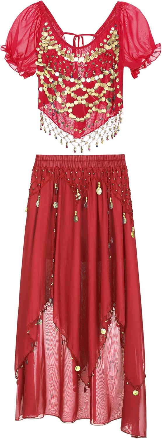 Women Indian Dance Costume Set Short Puff Sleeve Crop Top with Irregular Skirt Bollywood Dress Outfit